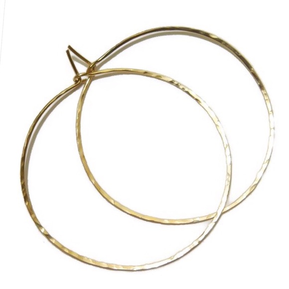 14K Yellow or Rose Gold Textured Hammered Mid Size Classic Wire Hoop Earrings - Picture 2 of 7